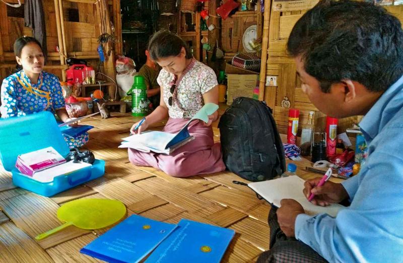 UNOPS-PR malaria team and MHAA field staff visiting the frontline malaria post of Daw Arganet Hla Eain, which allows to empower MHAA-trained integrated community malaria volunteers for early malaria case detection and treatment adherence through DOT service provision. Photo: UNOPS