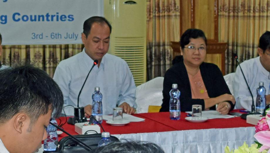 Dr Thandar Lwin, Director of Disease Control and Dr Aung Thi, Programme Manager of the National Malaria Control Programme, Ministry of Health and Sports, deliver opening remarks at the plenary session, Myawaddy Township, Myanmar.